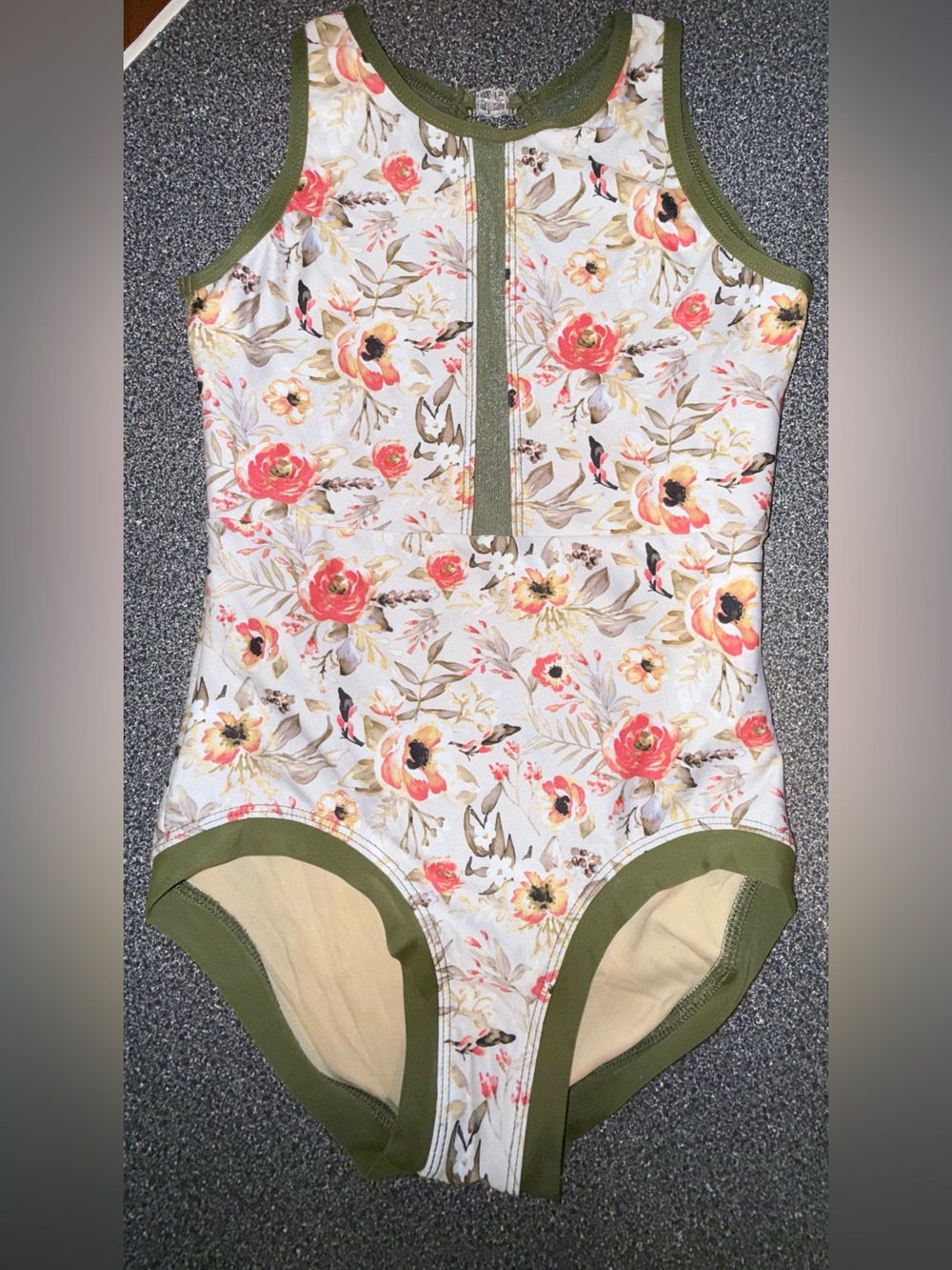 Betty Harlow Floral One-Piece Dance Leotard w/Olive Trim Size Child Large (10)
